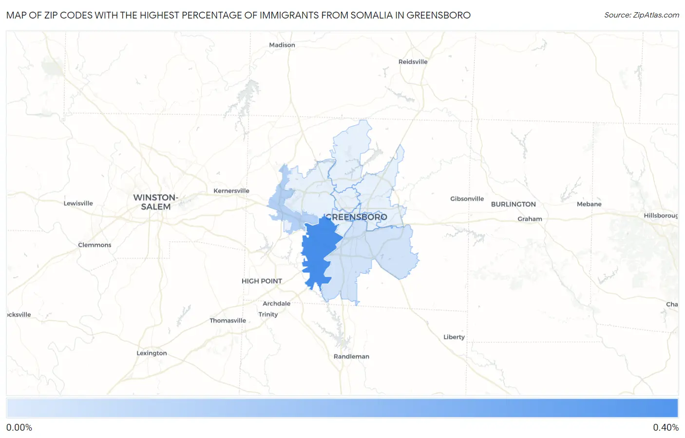 Zip Codes with the Highest Percentage of Immigrants from Somalia in Greensboro Map