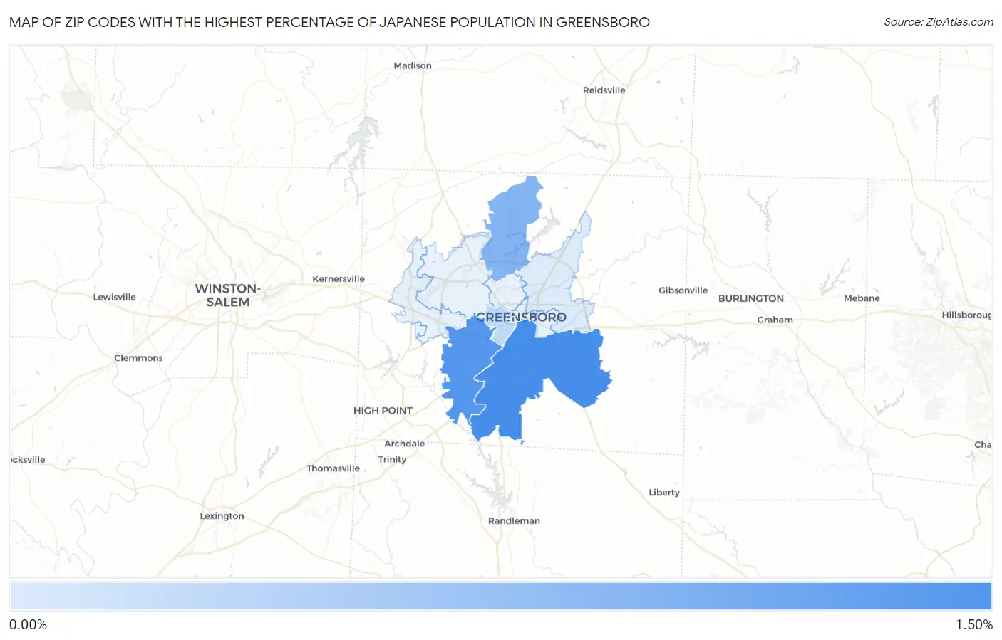 Zip Codes with the Highest Percentage of Japanese Population in Greensboro Map