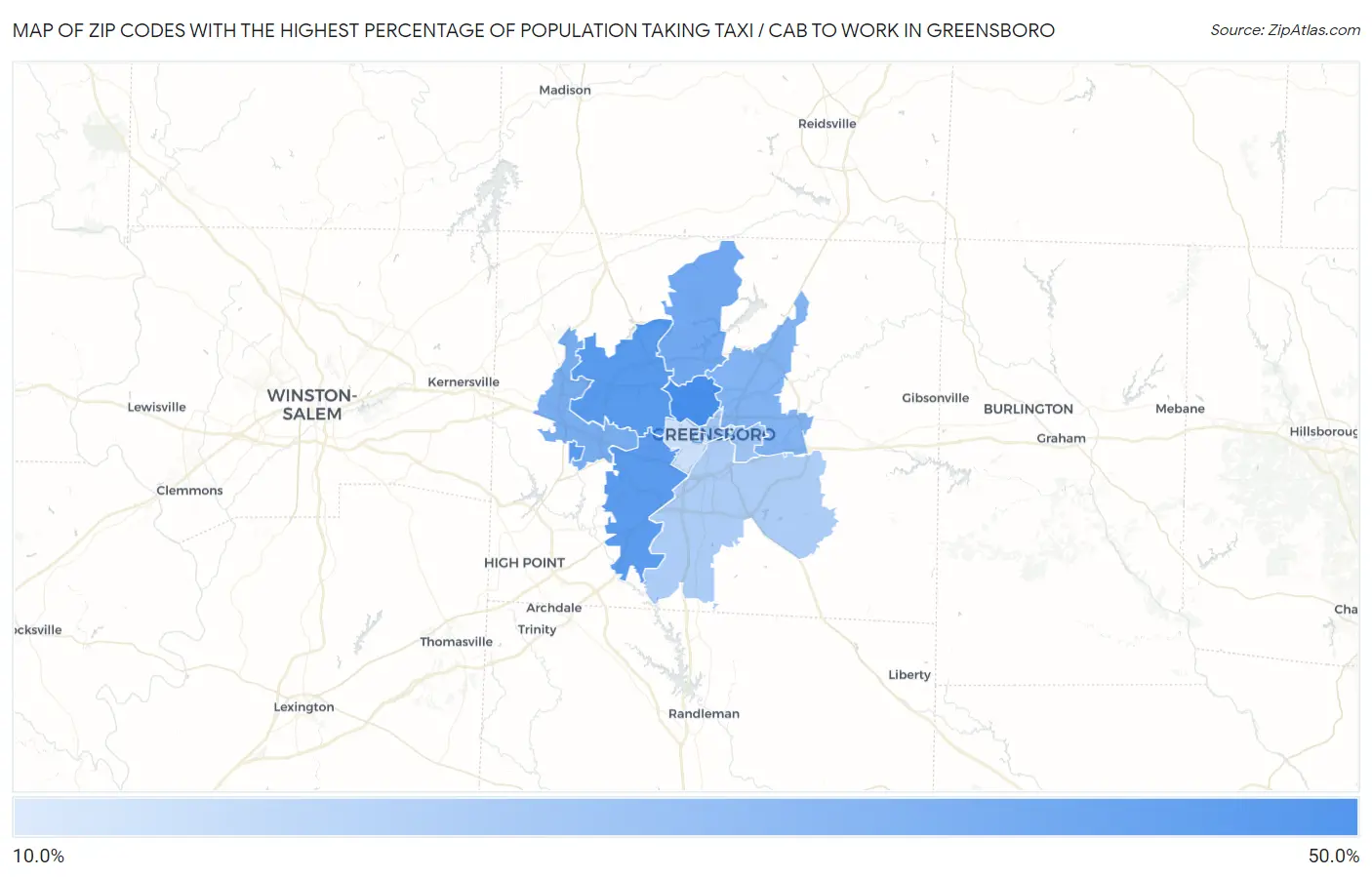 Zip Codes with the Highest Percentage of Population Taking Taxi / Cab to Work in Greensboro Map