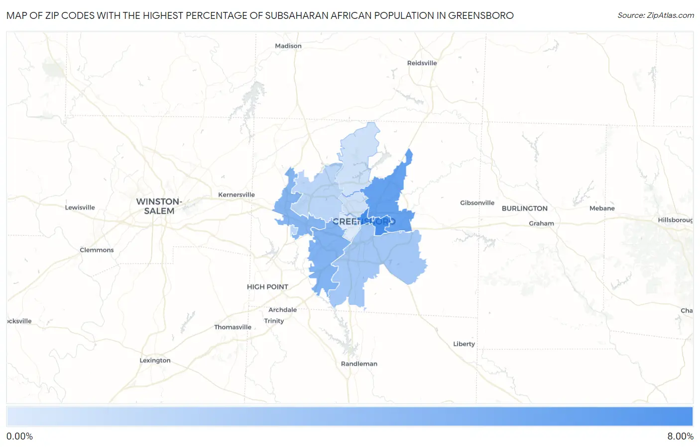 Zip Codes with the Highest Percentage of Subsaharan African Population in Greensboro Map