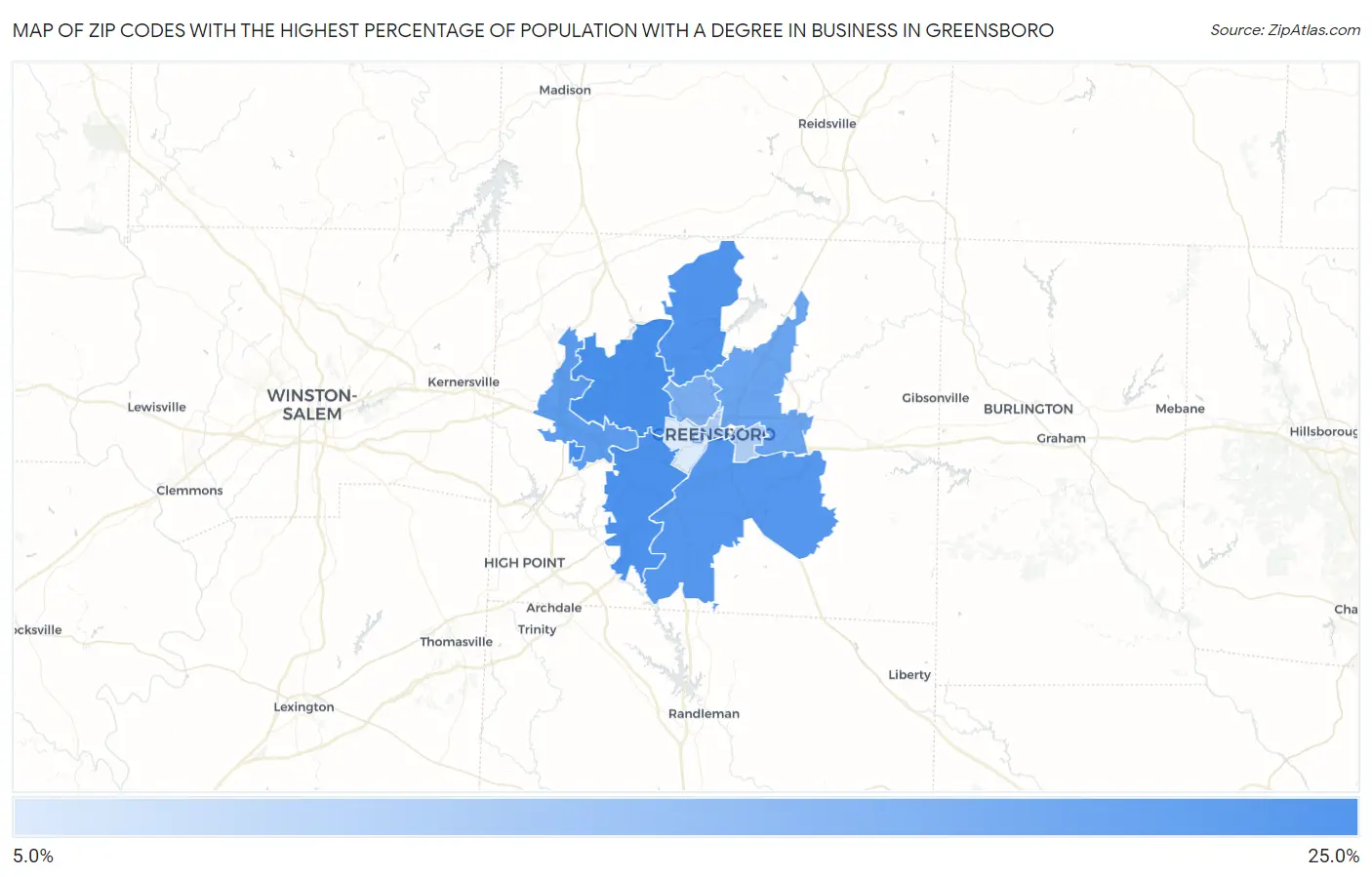 Zip Codes with the Highest Percentage of Population with a Degree in Business in Greensboro Map