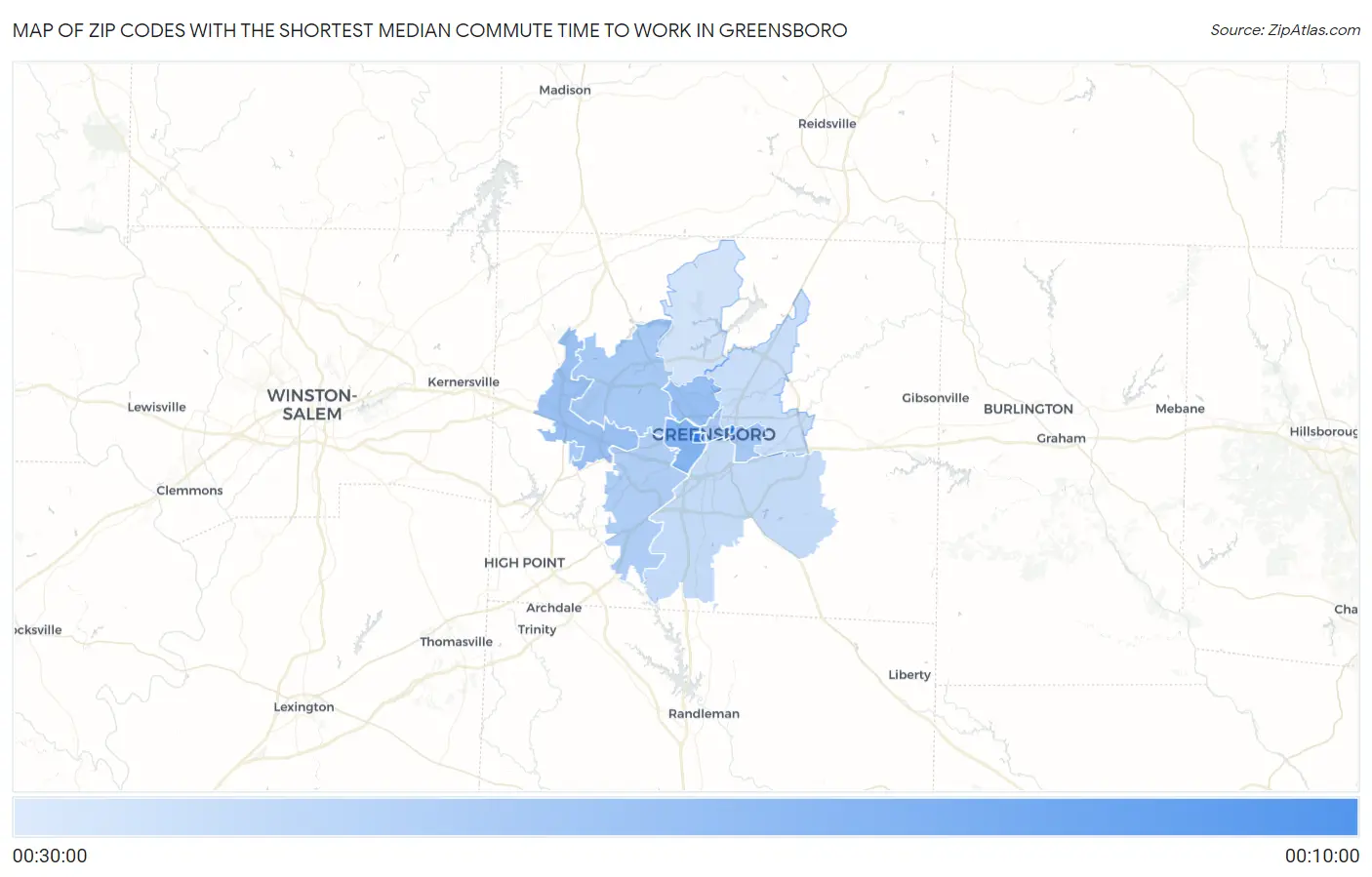 Zip Codes with the Shortest Median Commute Time to Work in Greensboro Map