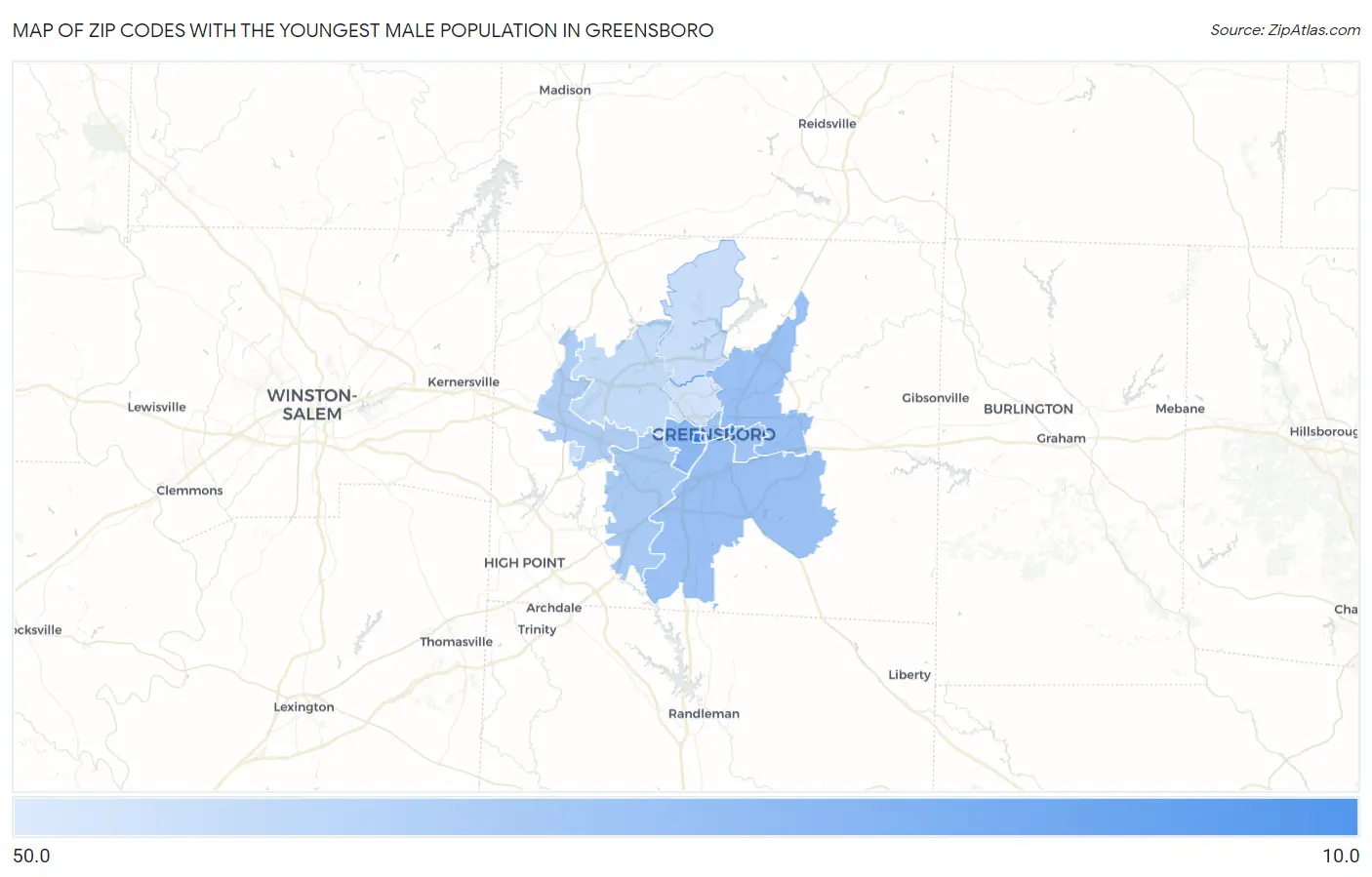 Zip Codes with the Youngest Male Population in Greensboro Map