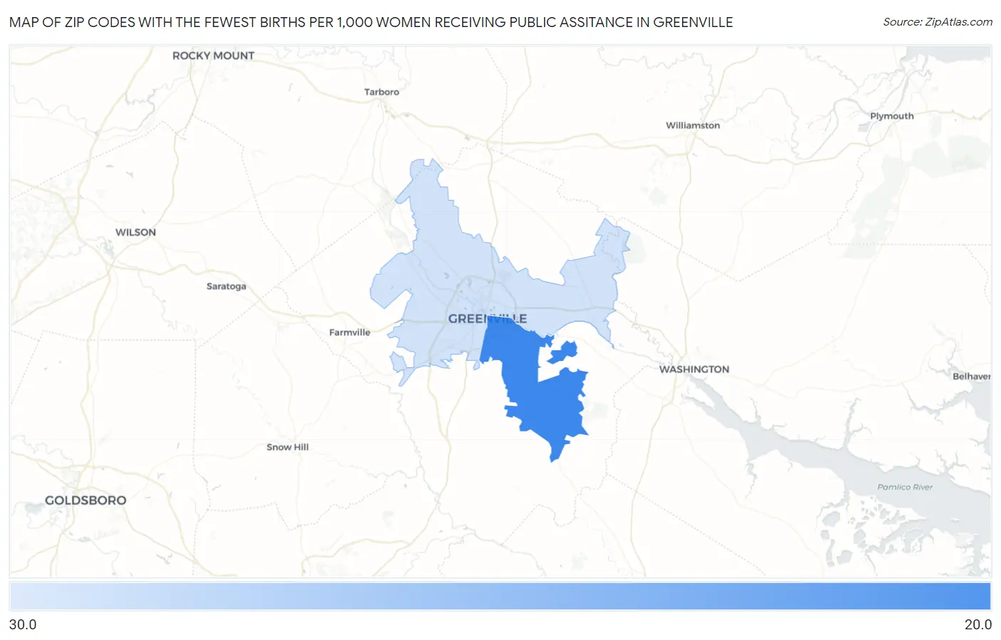 Zip Codes with the Fewest Births per 1,000 Women Receiving Public Assitance in Greenville Map