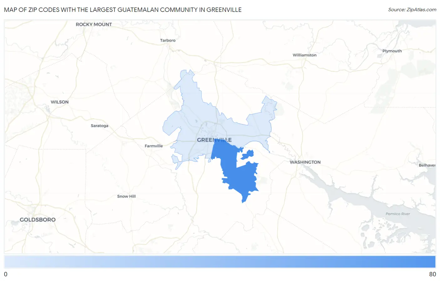 Zip Codes with the Largest Guatemalan Community in Greenville Map