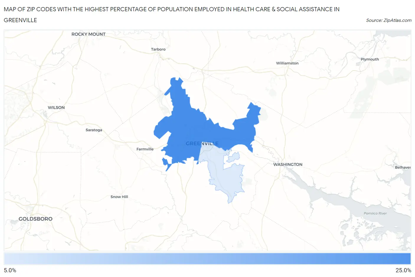 Zip Codes with the Highest Percentage of Population Employed in Health Care & Social Assistance in Greenville Map