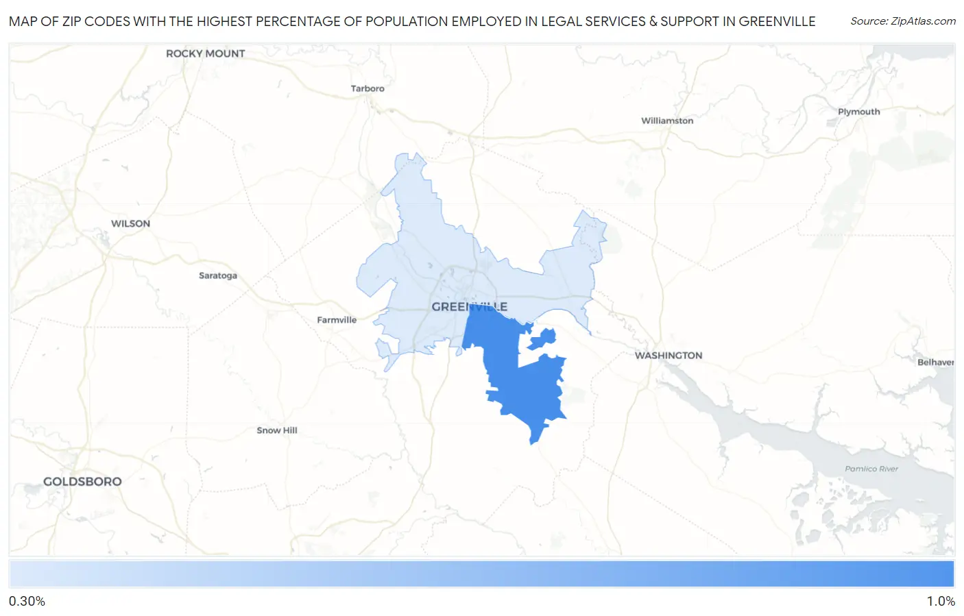 Zip Codes with the Highest Percentage of Population Employed in Legal Services & Support in Greenville Map