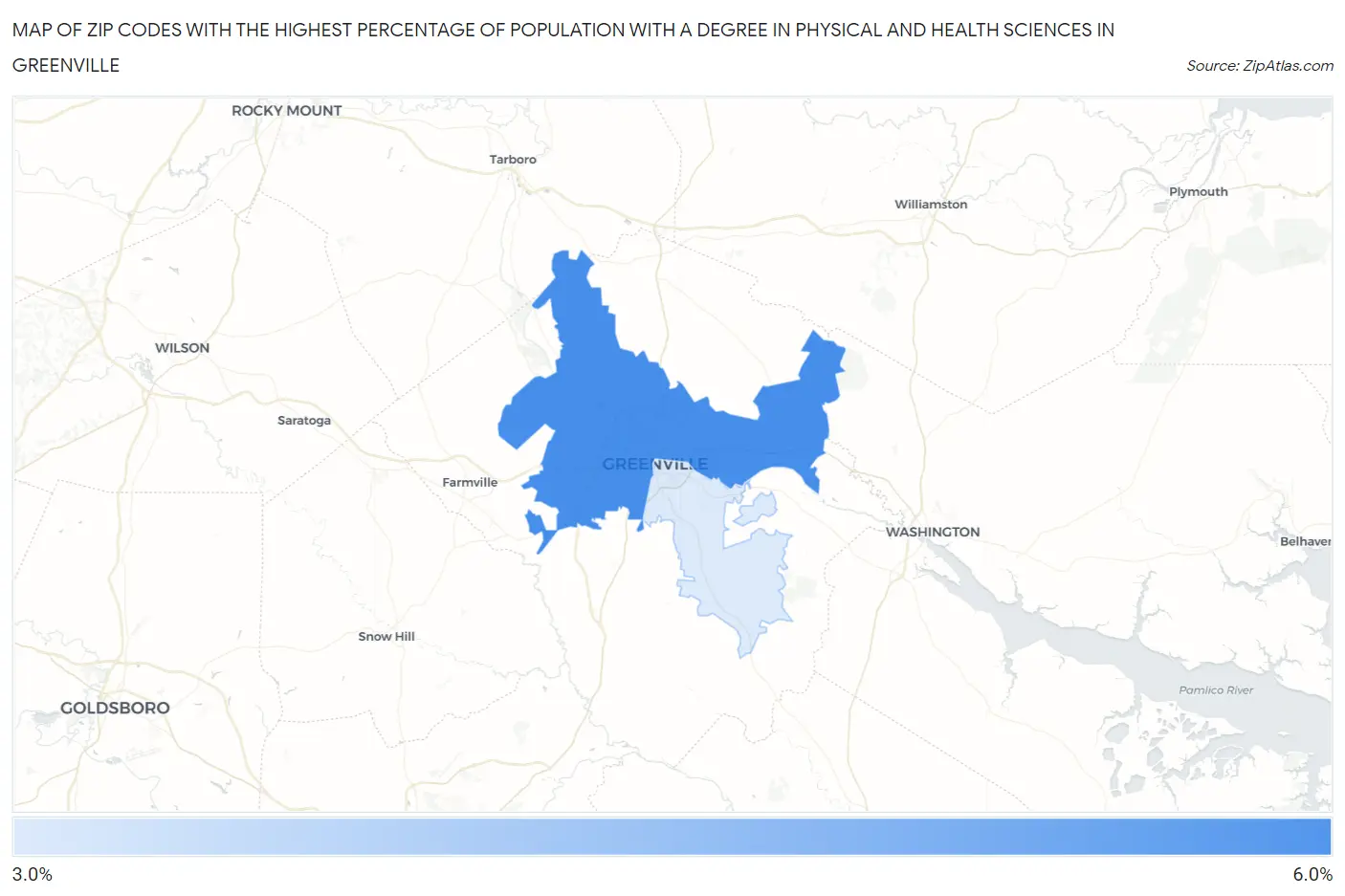 Zip Codes with the Highest Percentage of Population with a Degree in Physical and Health Sciences in Greenville Map