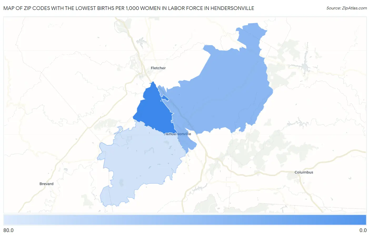 Zip Codes with the Lowest Births per 1,000 Women in Labor Force in Hendersonville Map