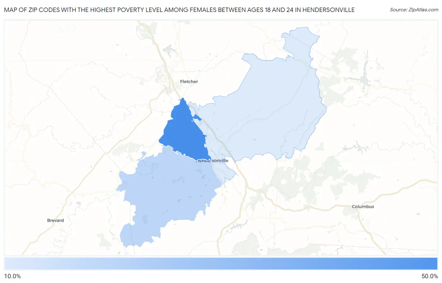 Zip Codes with the Highest Poverty Level Among Females Between Ages 18 and 24 in Hendersonville Map