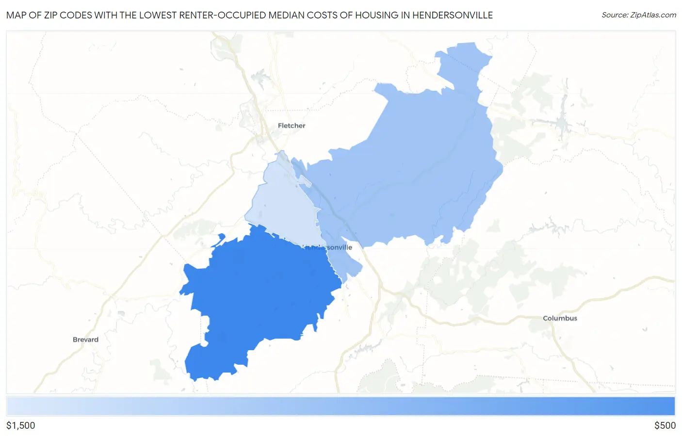 Zip Codes with the Lowest Renter-Occupied Median Costs of Housing in Hendersonville Map
