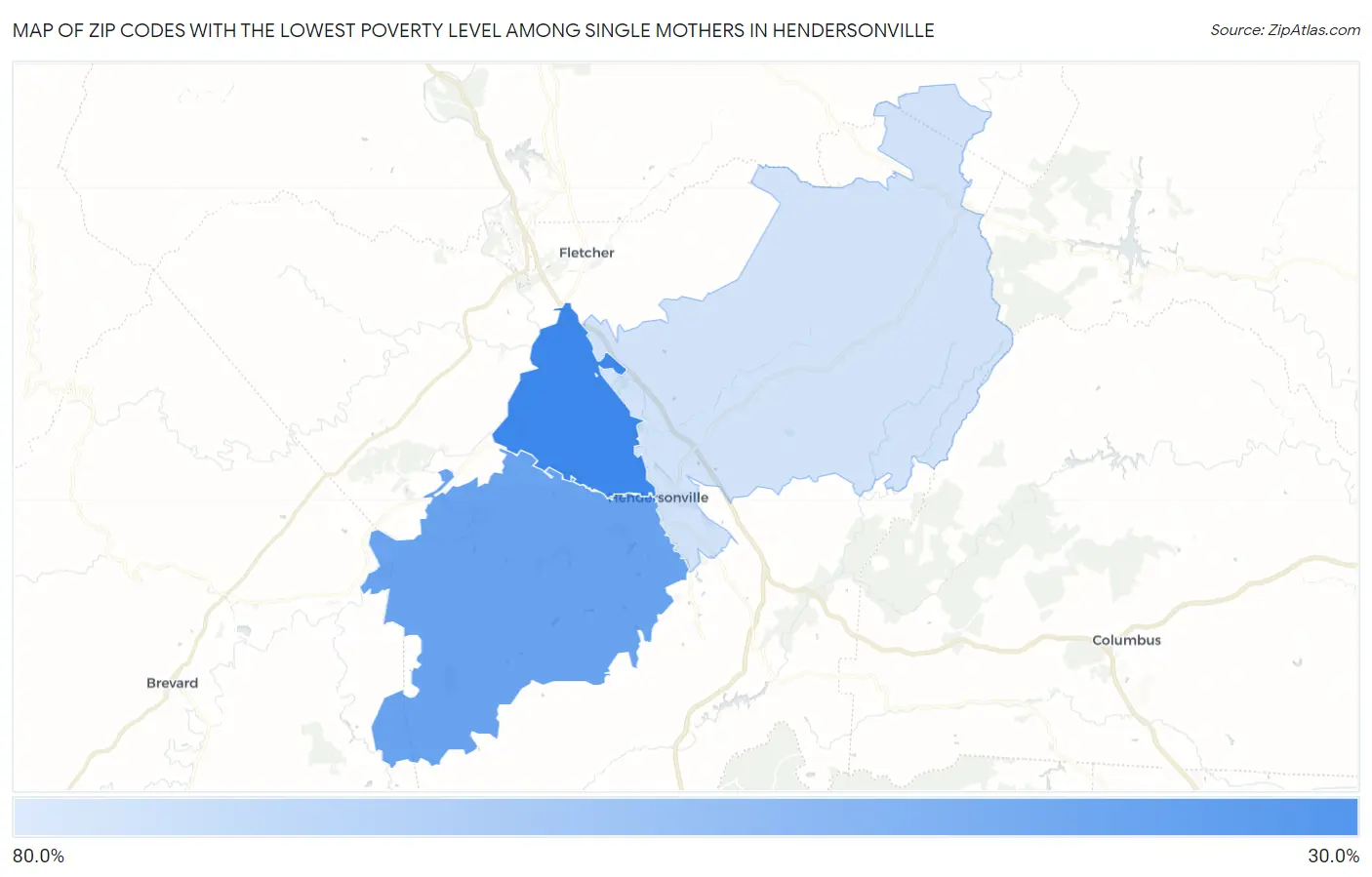 Zip Codes with the Lowest Poverty Level Among Single Mothers in Hendersonville Map