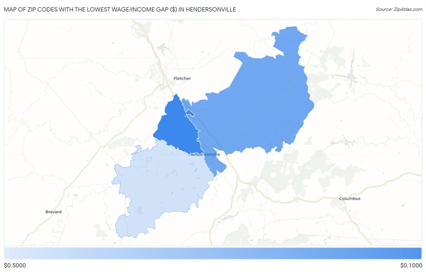 Zip Codes with the Lowest Wage/Income Gap ($) in Hendersonville Map