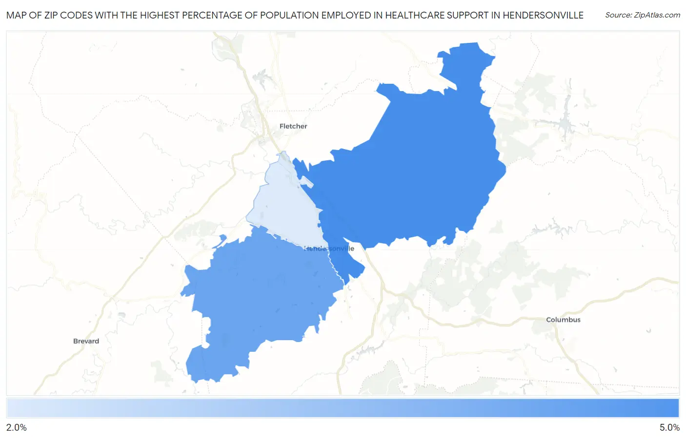 Zip Codes with the Highest Percentage of Population Employed in Healthcare Support in Hendersonville Map