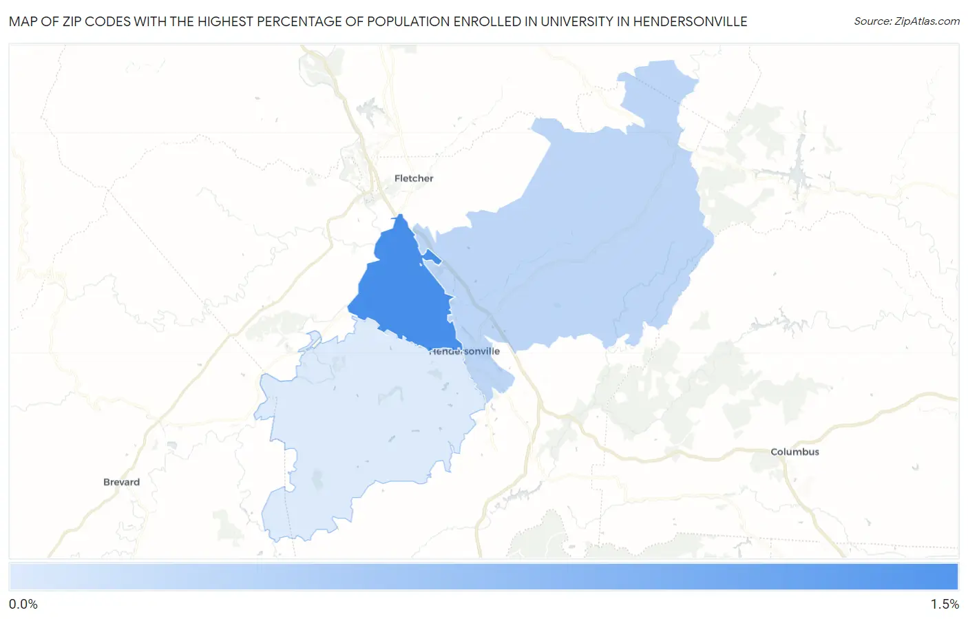 Zip Codes with the Highest Percentage of Population Enrolled in University in Hendersonville Map
