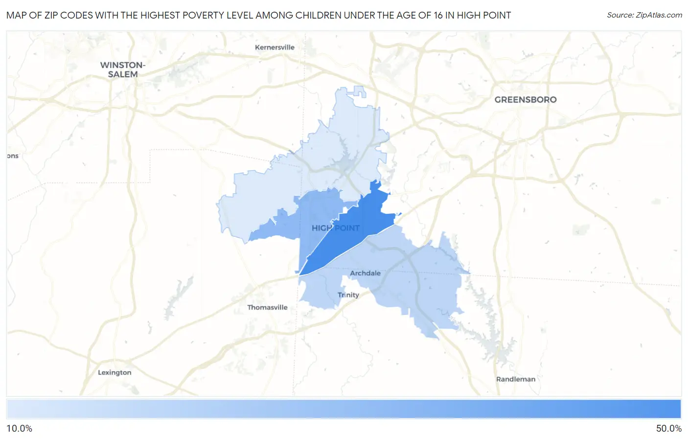 Zip Codes with the Highest Poverty Level Among Children Under the Age of 16 in High Point Map