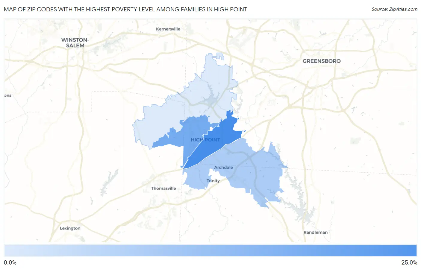 Zip Codes with the Highest Poverty Level Among Families in High Point Map