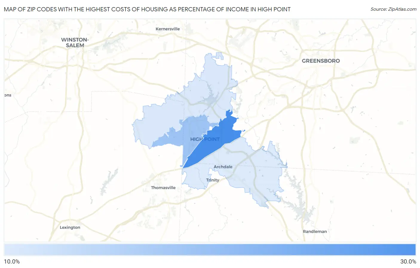 Zip Codes with the Highest Costs of Housing as Percentage of Income in High Point Map