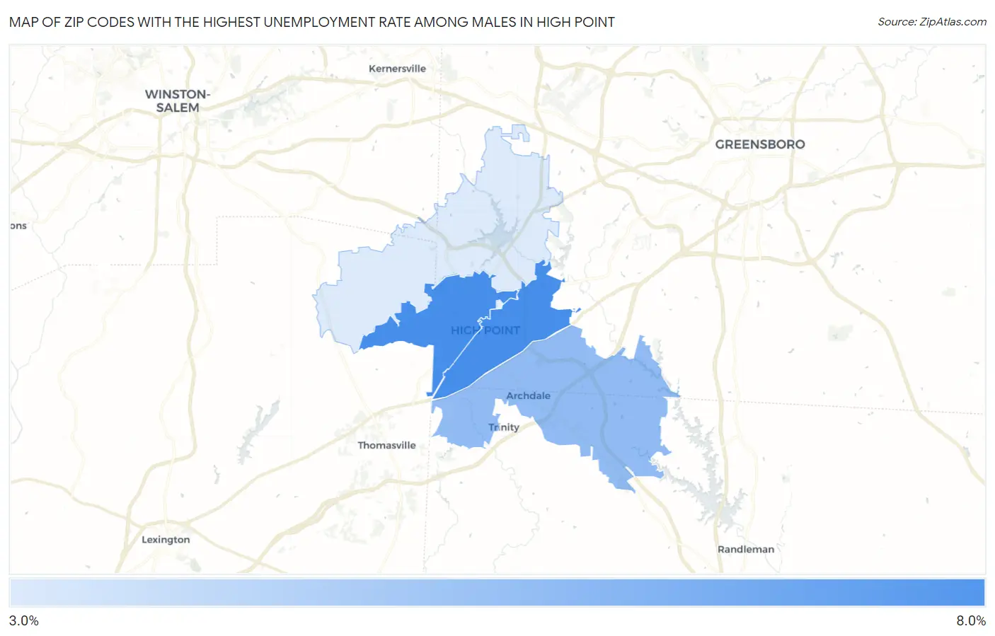 Zip Codes with the Highest Unemployment Rate Among Males in High Point Map