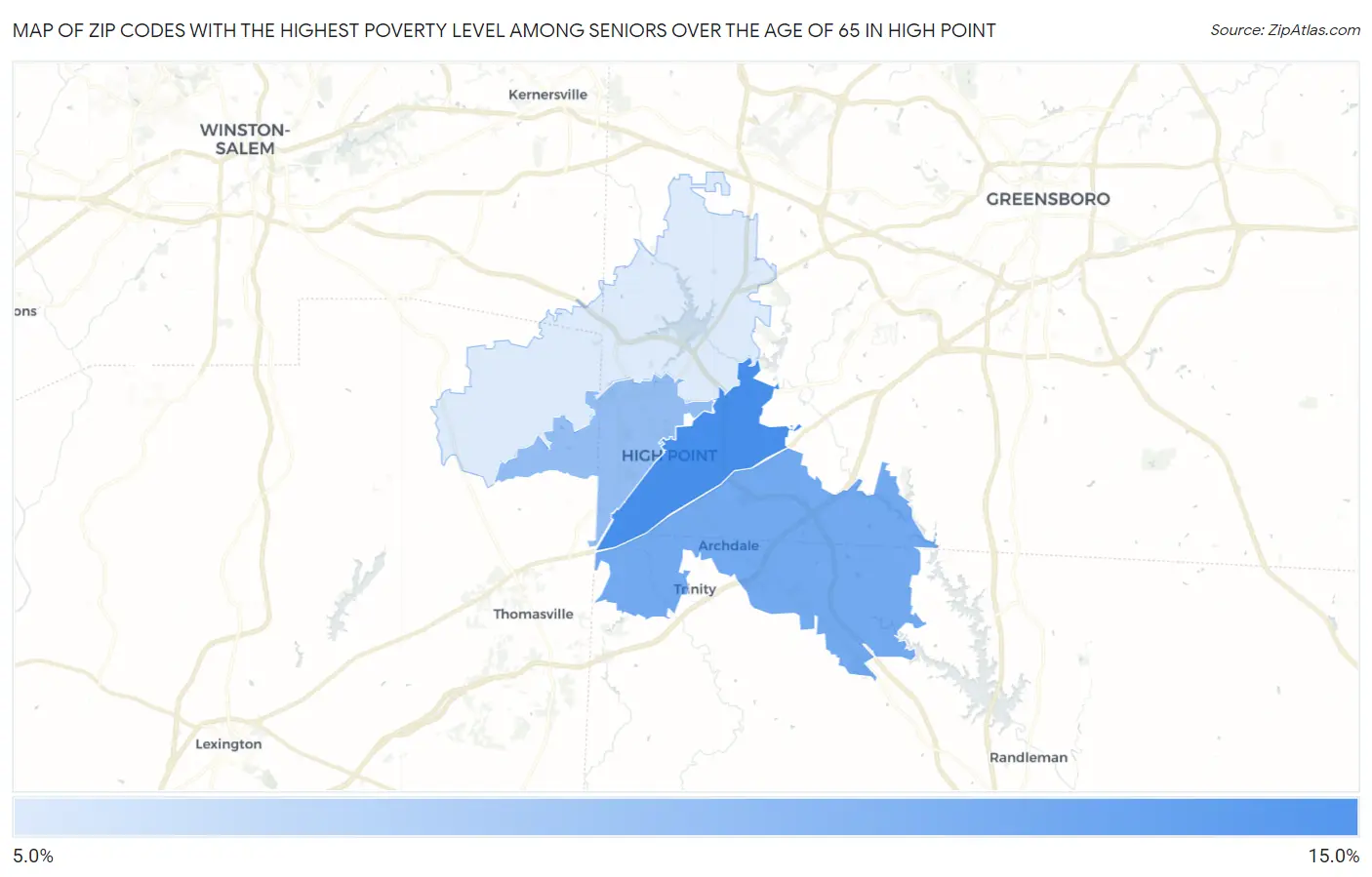 Zip Codes with the Highest Poverty Level Among Seniors Over the Age of 65 in High Point Map