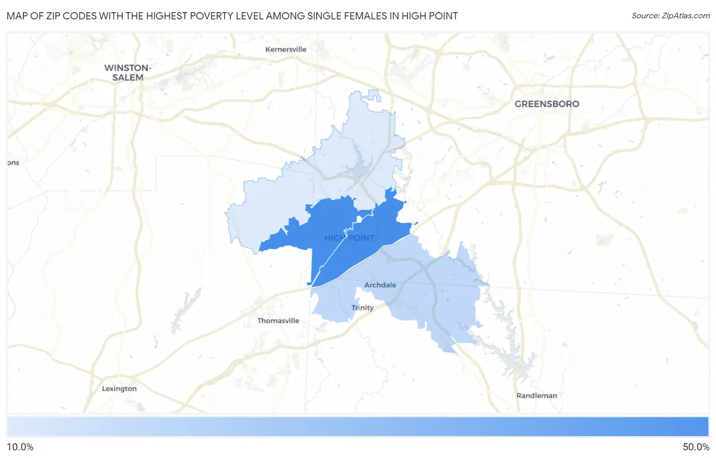 Zip Codes with the Highest Poverty Level Among Single Females in High Point Map
