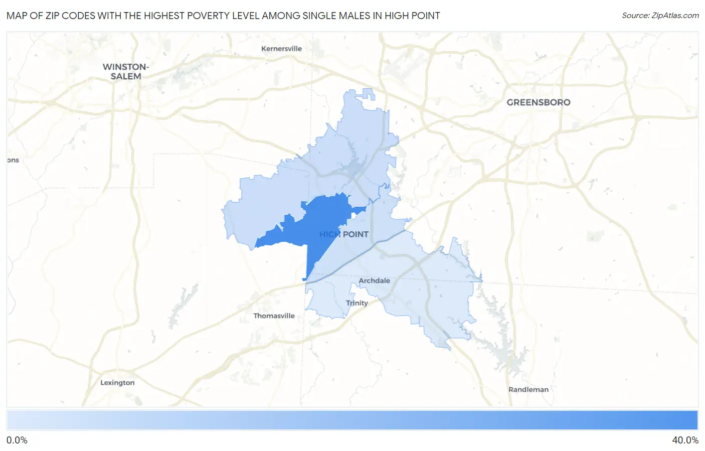 Zip Codes with the Highest Poverty Level Among Single Males in High Point Map
