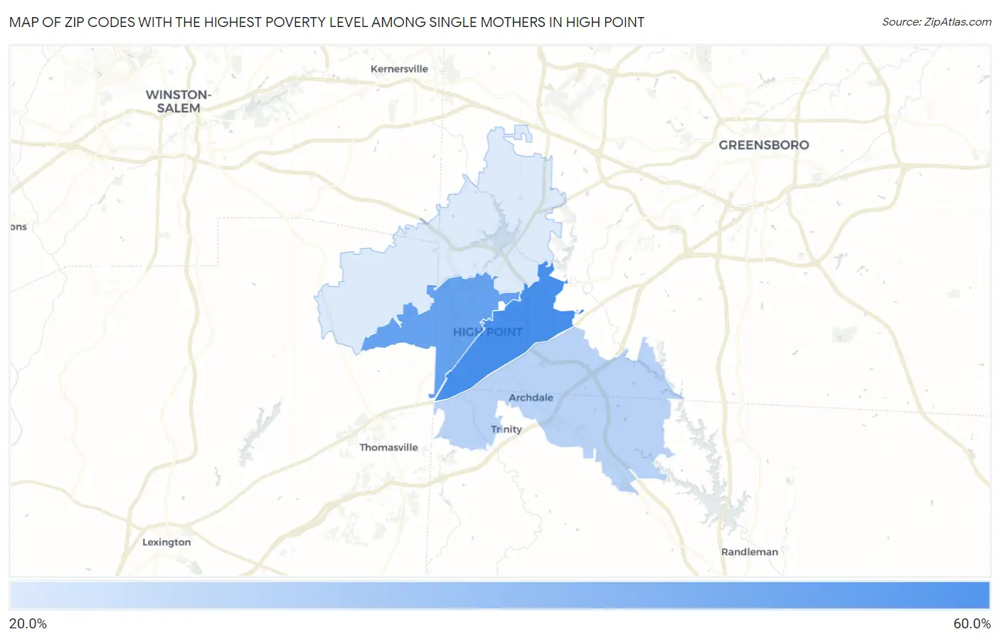 Zip Codes with the Highest Poverty Level Among Single Mothers in High Point Map