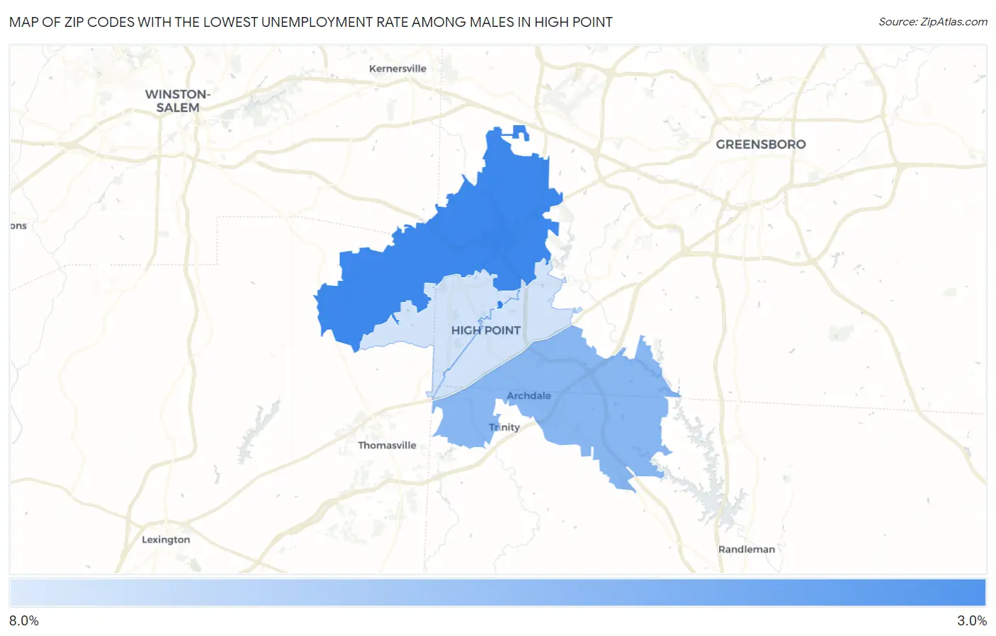 Zip Codes with the Lowest Unemployment Rate Among Males in High Point Map