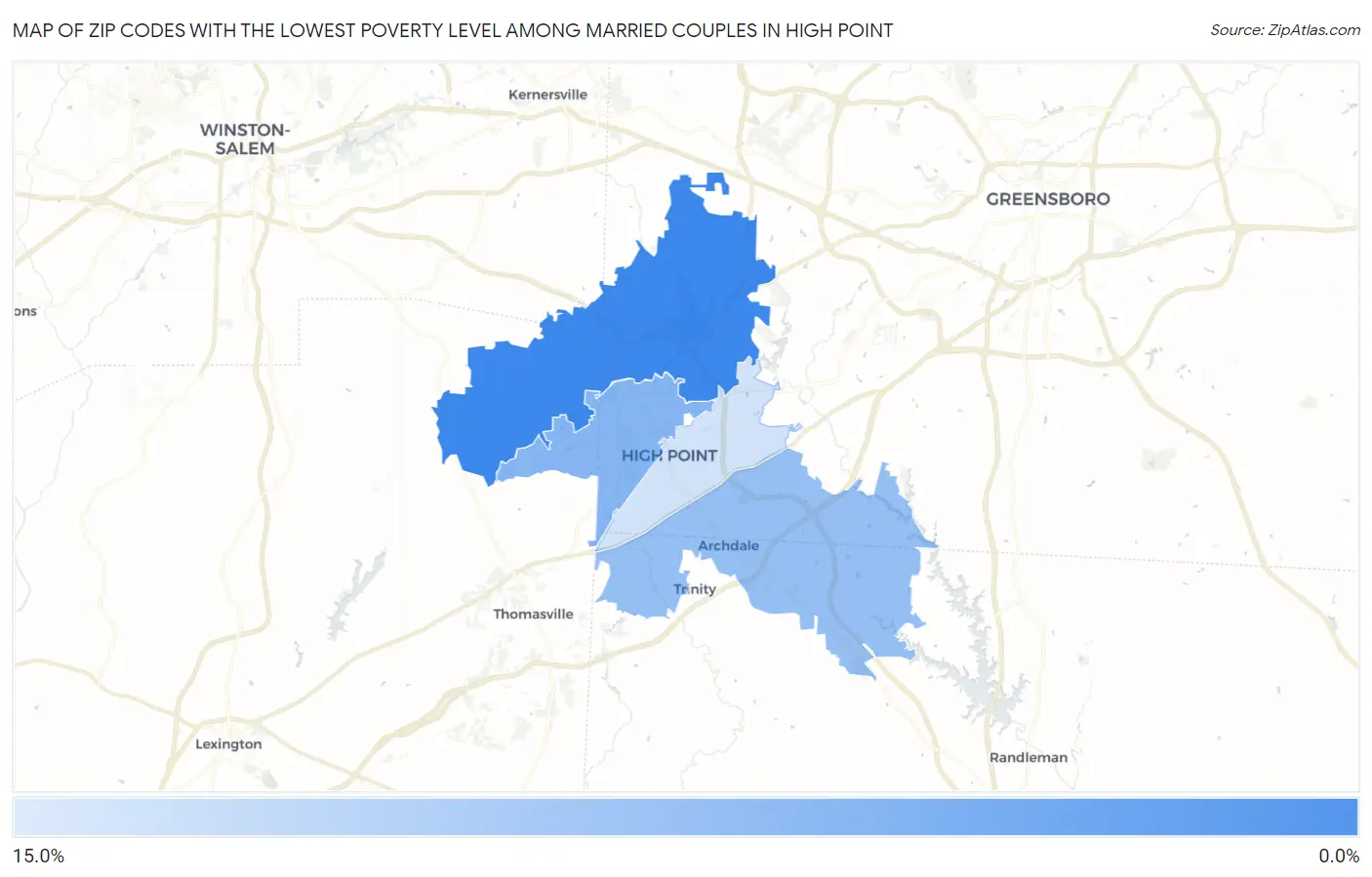 Zip Codes with the Lowest Poverty Level Among Married Couples in High Point Map