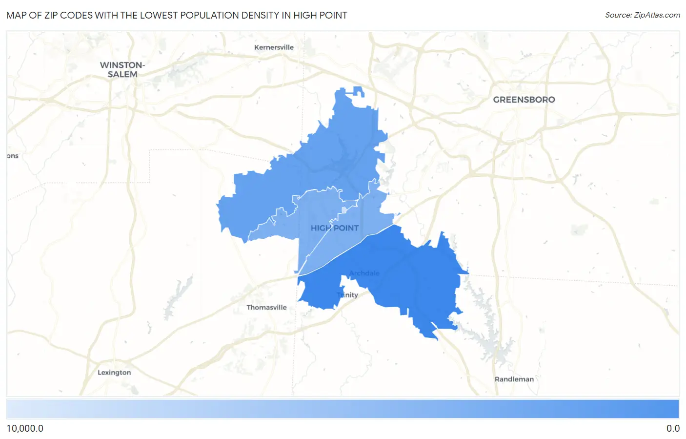 Zip Codes with the Lowest Population Density in High Point Map