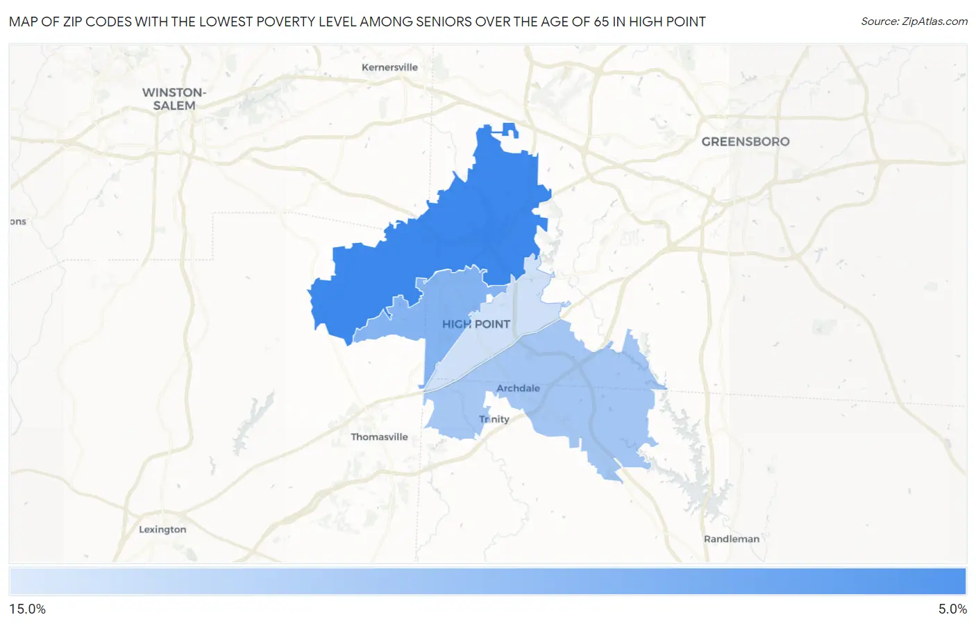 Zip Codes with the Lowest Poverty Level Among Seniors Over the Age of 65 in High Point Map