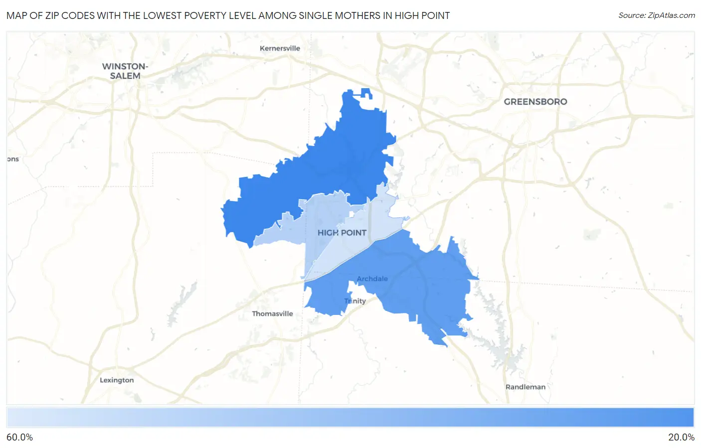 Zip Codes with the Lowest Poverty Level Among Single Mothers in High Point Map