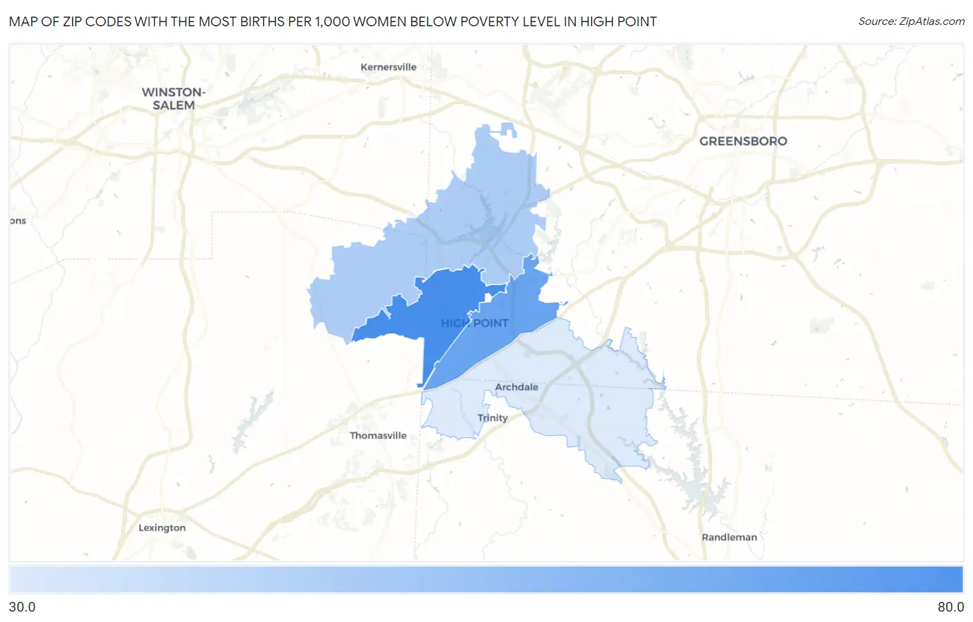 Zip Codes with the Most Births per 1,000 Women Below Poverty Level in High Point Map