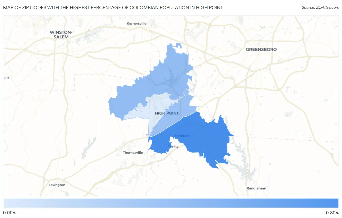 Zip Codes with the Highest Percentage of Colombian Population in High Point Map