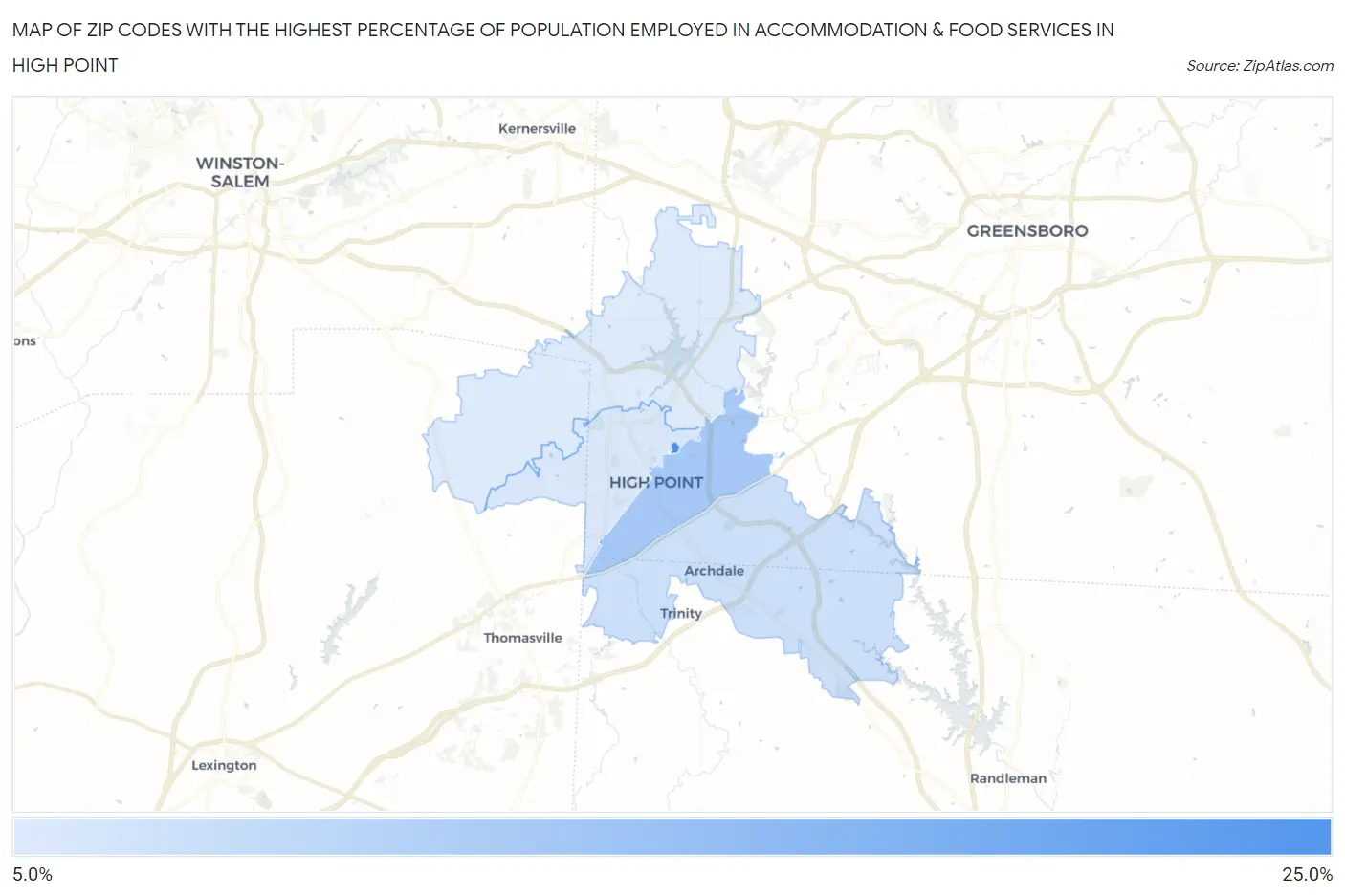 Zip Codes with the Highest Percentage of Population Employed in Accommodation & Food Services in High Point Map