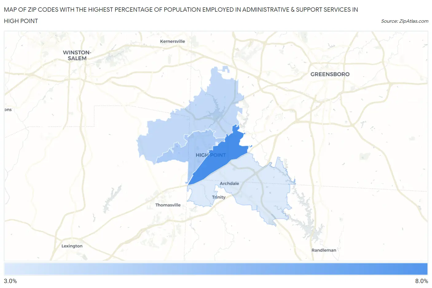 Zip Codes with the Highest Percentage of Population Employed in Administrative & Support Services in High Point Map