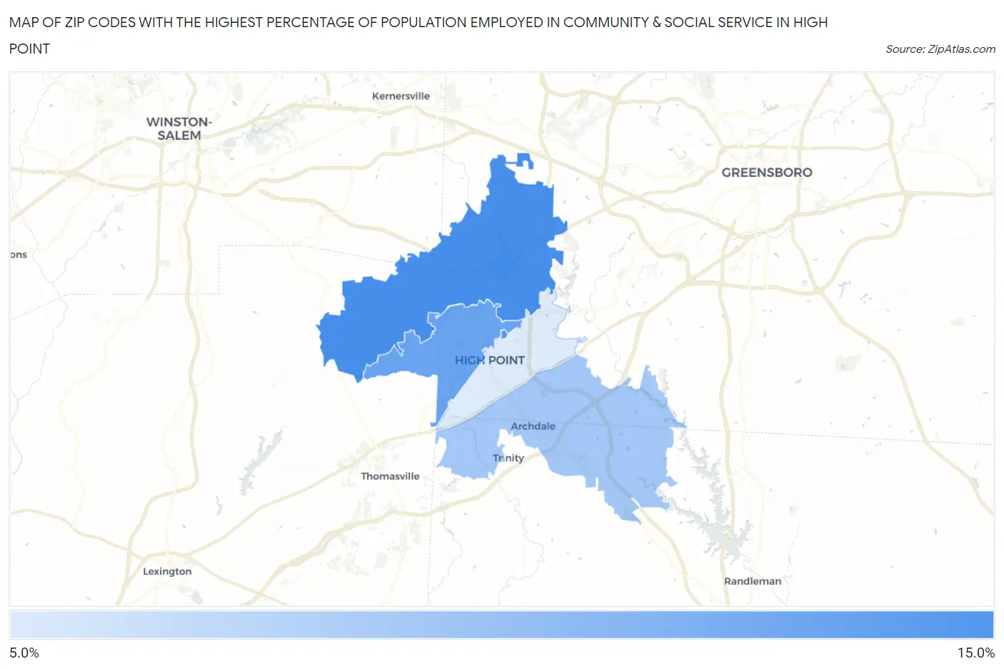 Zip Codes with the Highest Percentage of Population Employed in Community & Social Service  in High Point Map