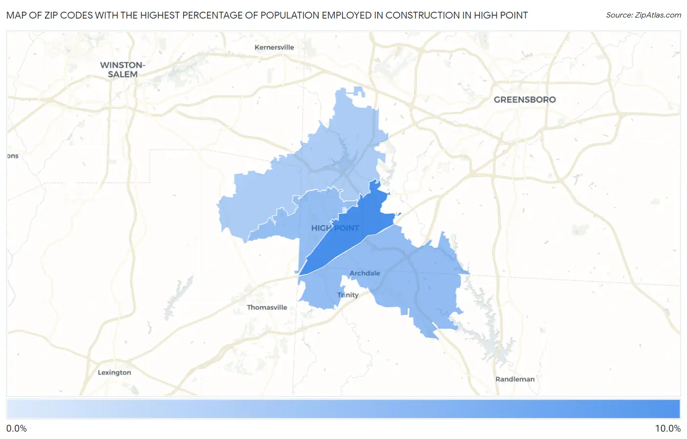 Zip Codes with the Highest Percentage of Population Employed in Construction in High Point Map