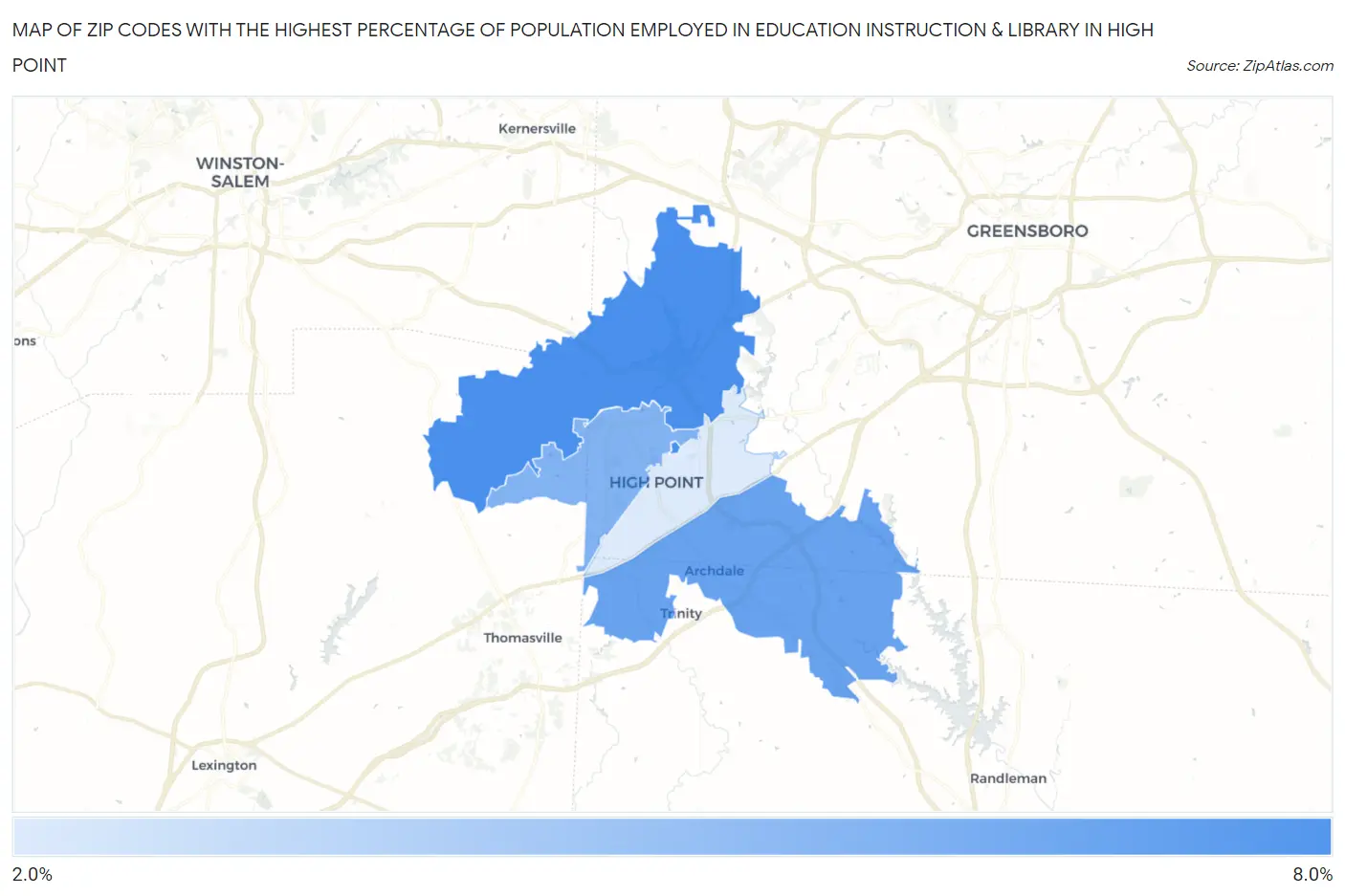Zip Codes with the Highest Percentage of Population Employed in Education Instruction & Library in High Point Map