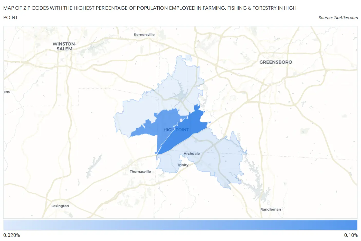 Zip Codes with the Highest Percentage of Population Employed in Farming, Fishing & Forestry in High Point Map