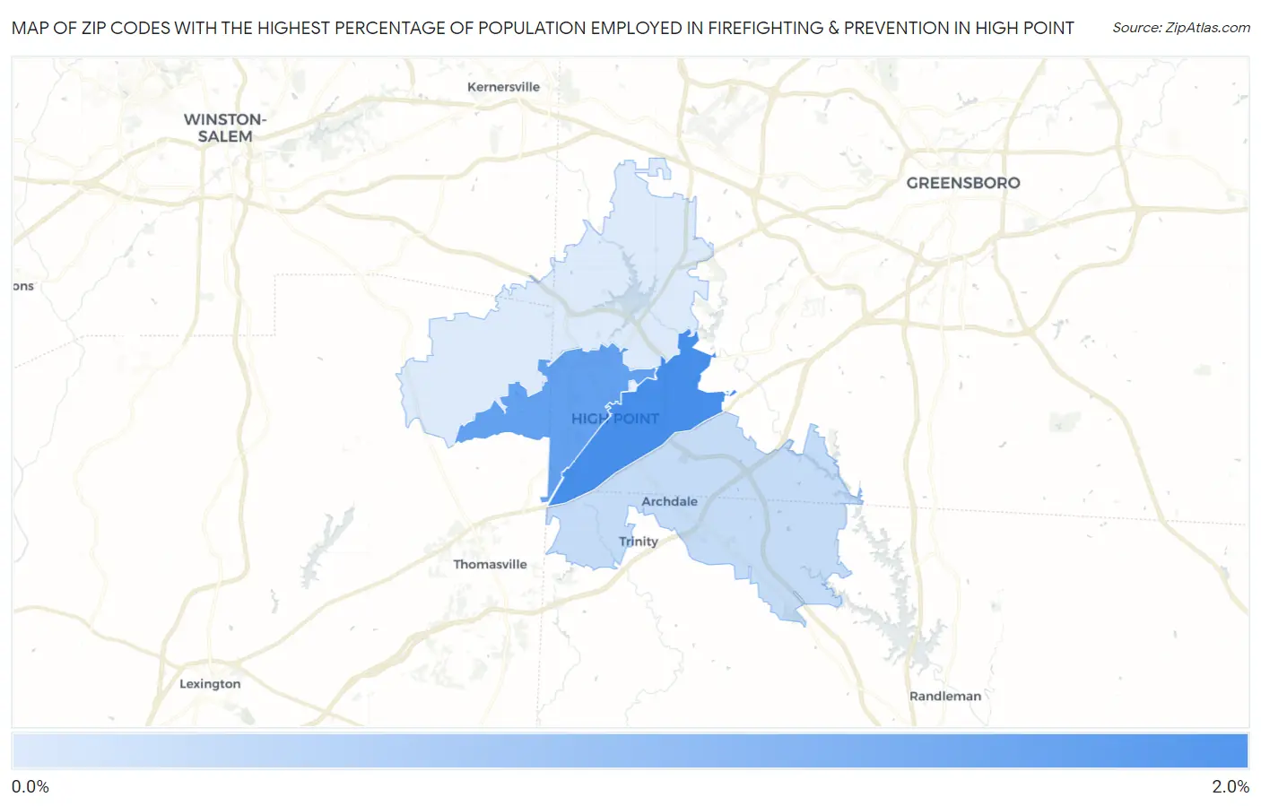 Zip Codes with the Highest Percentage of Population Employed in Firefighting & Prevention in High Point Map