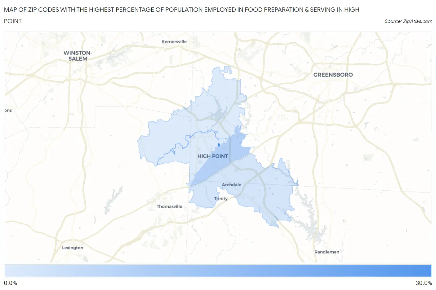 Zip Codes with the Highest Percentage of Population Employed in Food Preparation & Serving in High Point Map