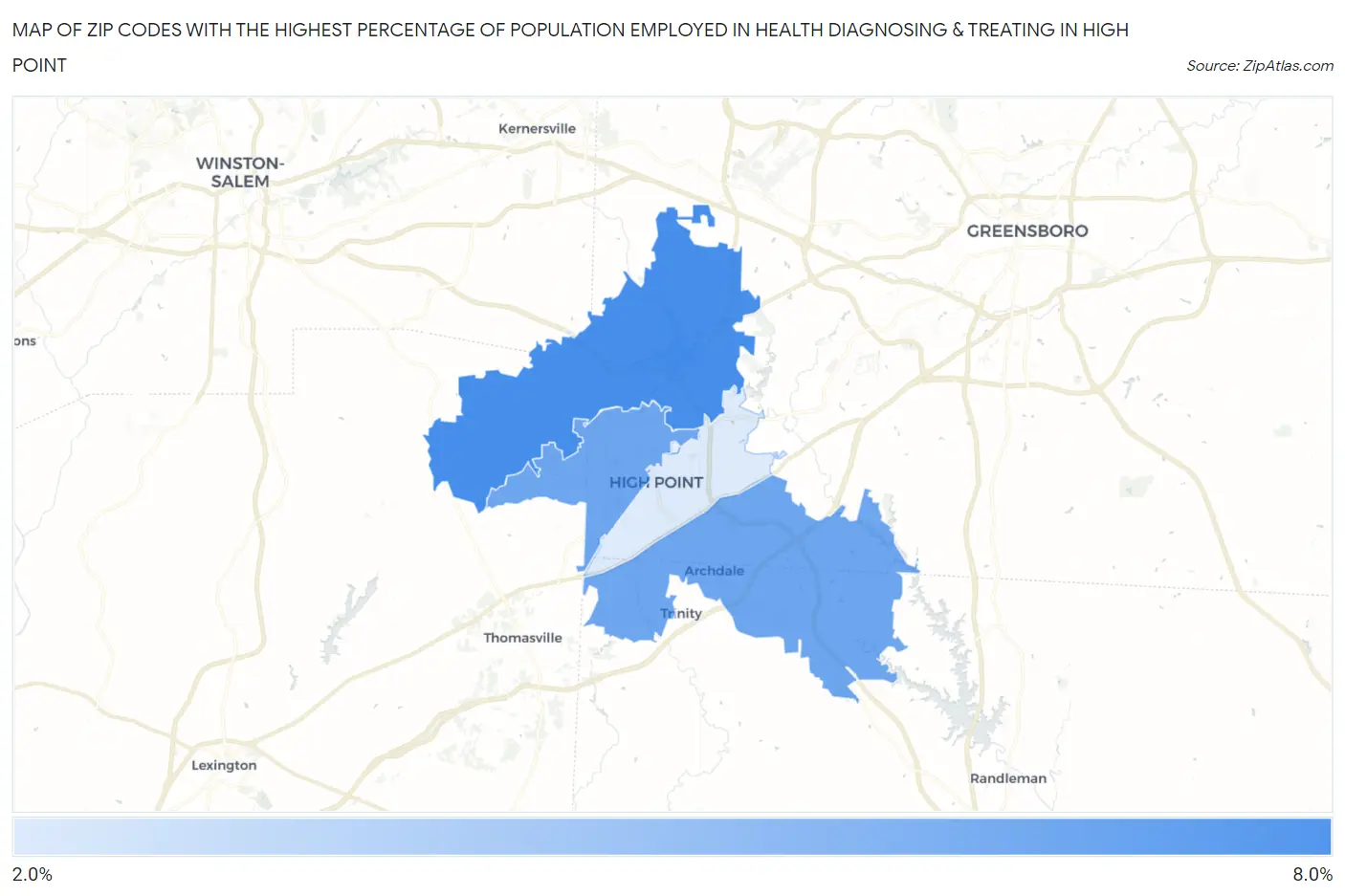 Zip Codes with the Highest Percentage of Population Employed in Health Diagnosing & Treating in High Point Map
