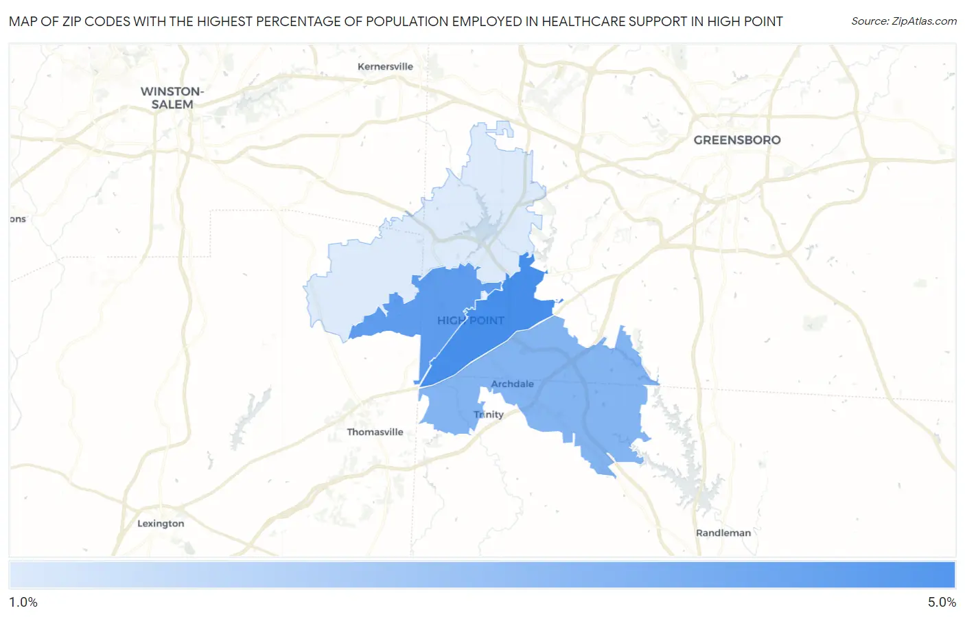 Zip Codes with the Highest Percentage of Population Employed in Healthcare Support in High Point Map