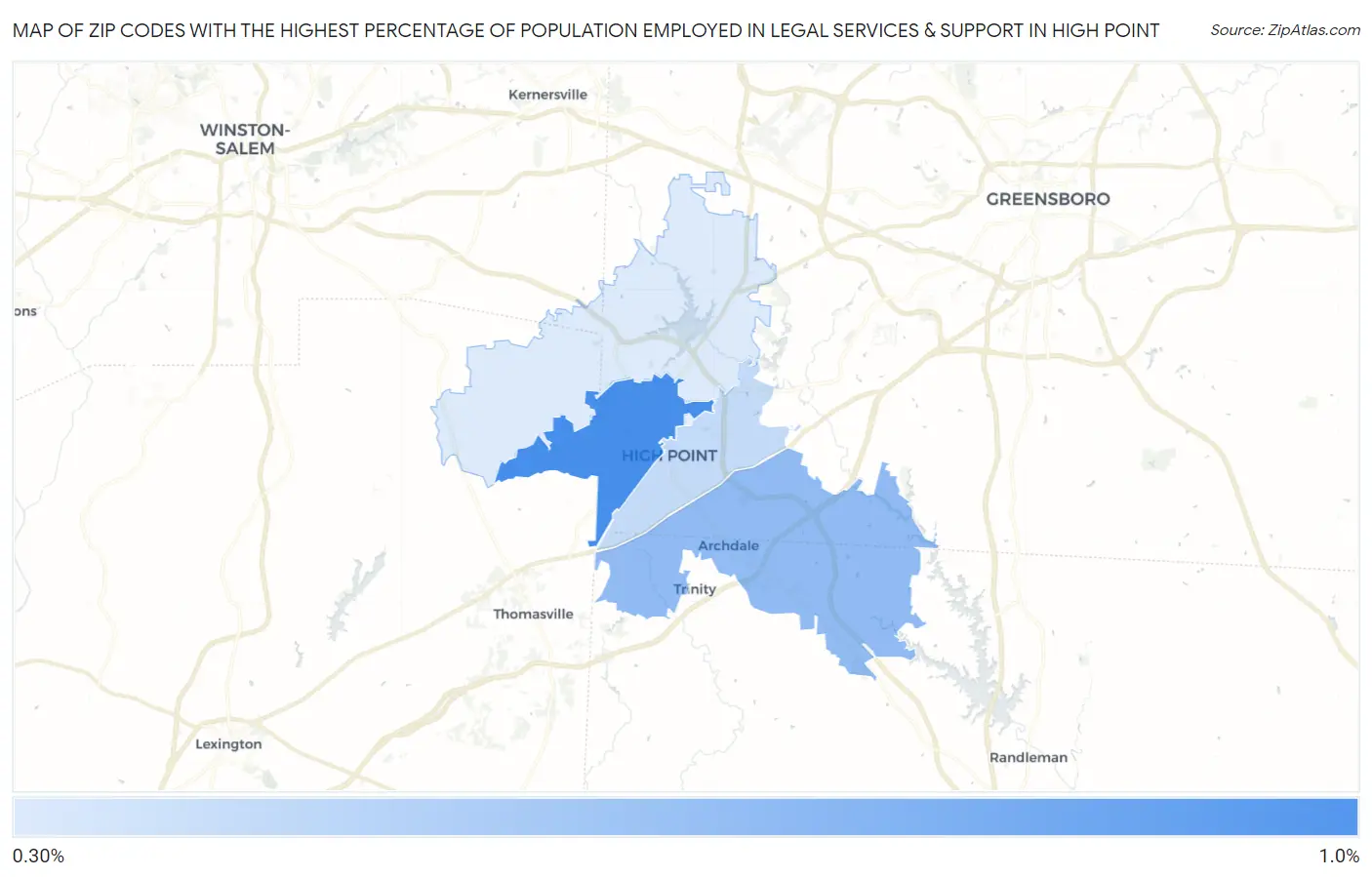 Zip Codes with the Highest Percentage of Population Employed in Legal Services & Support in High Point Map