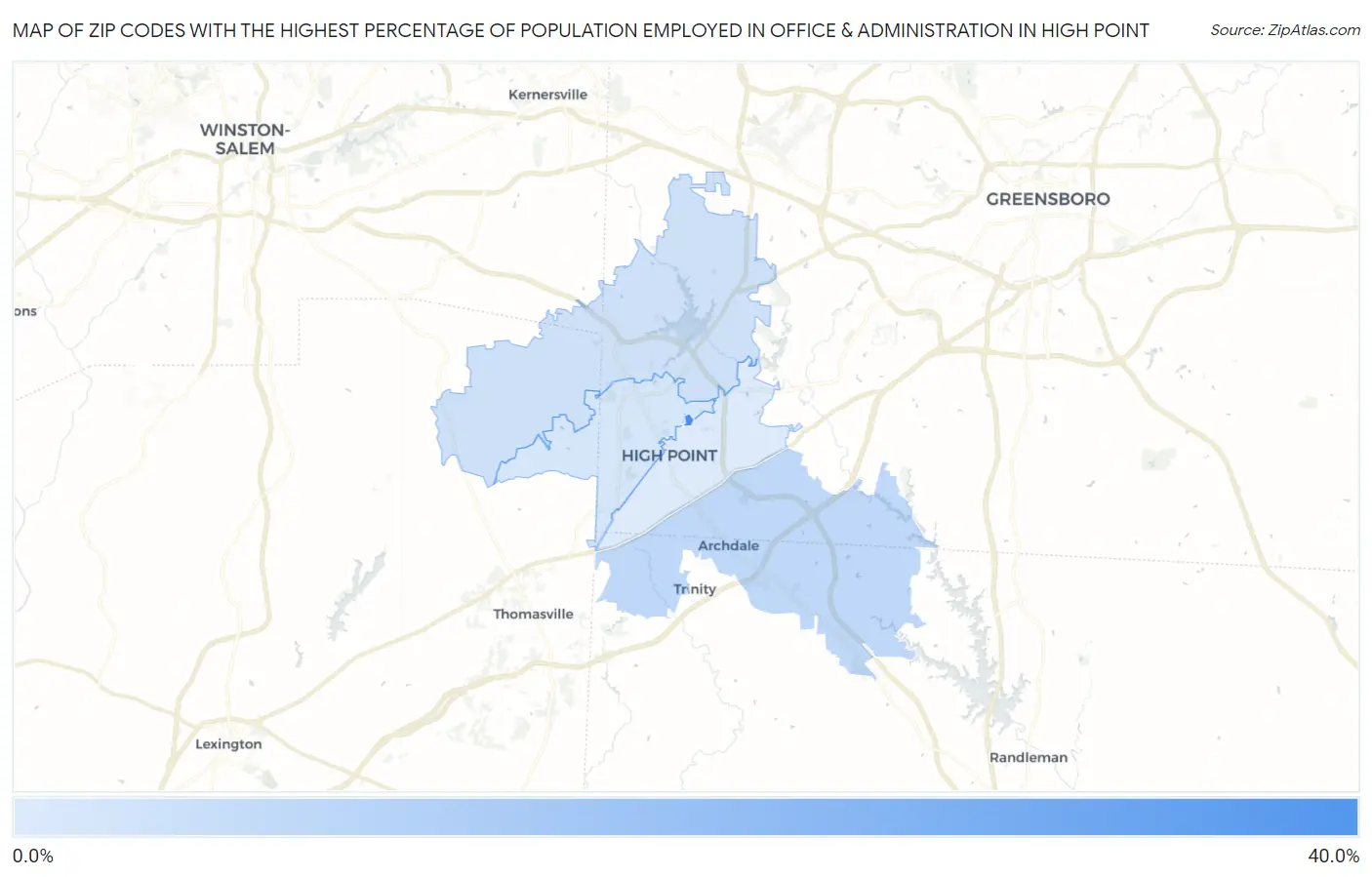 Zip Codes with the Highest Percentage of Population Employed in Office & Administration in High Point Map