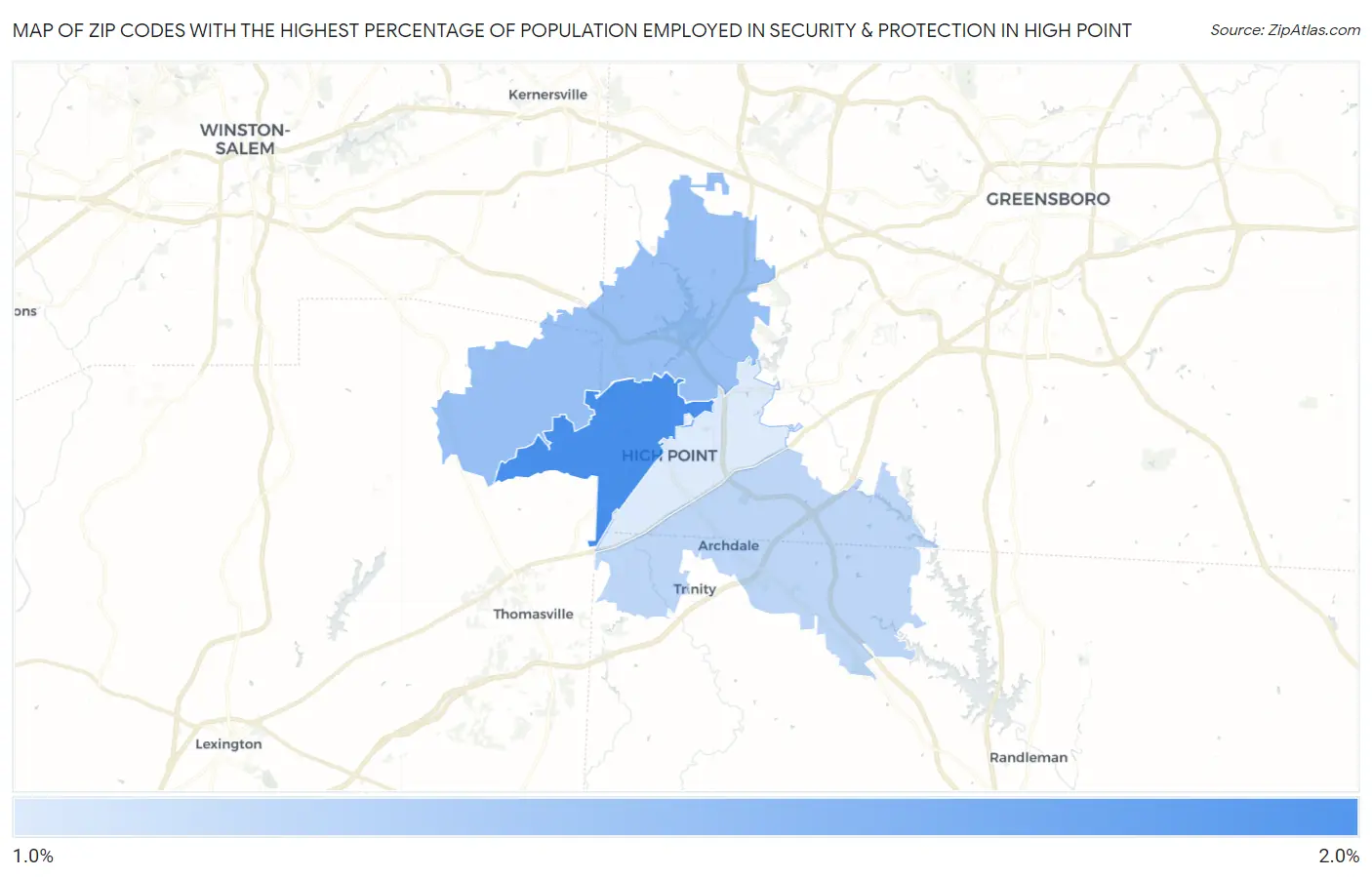 Zip Codes with the Highest Percentage of Population Employed in Security & Protection in High Point Map