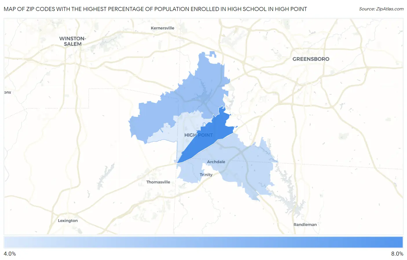 Zip Codes with the Highest Percentage of Population Enrolled in High School in High Point Map
