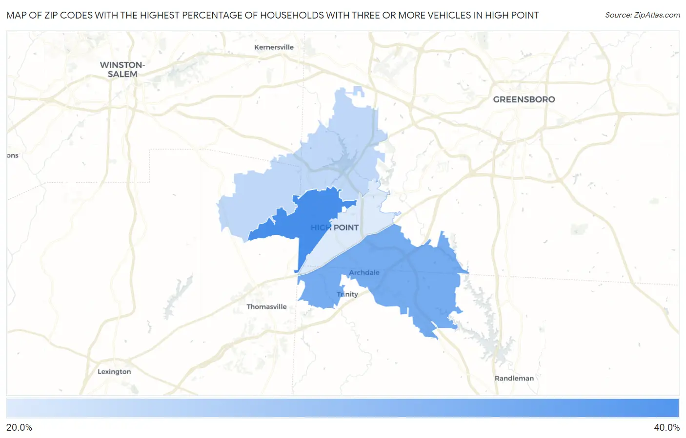 Zip Codes with the Highest Percentage of Households With Three or more Vehicles in High Point Map