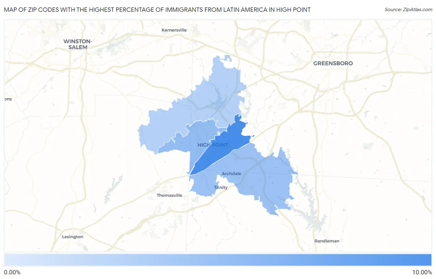 Zip Codes with the Highest Percentage of Immigrants from Latin America in High Point Map